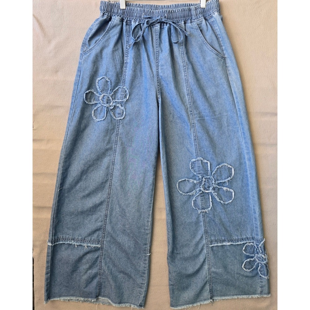 XL Floral Distressed Wide Leg Denim Pants Smocked Elastic Waist Raw Hem Chambray